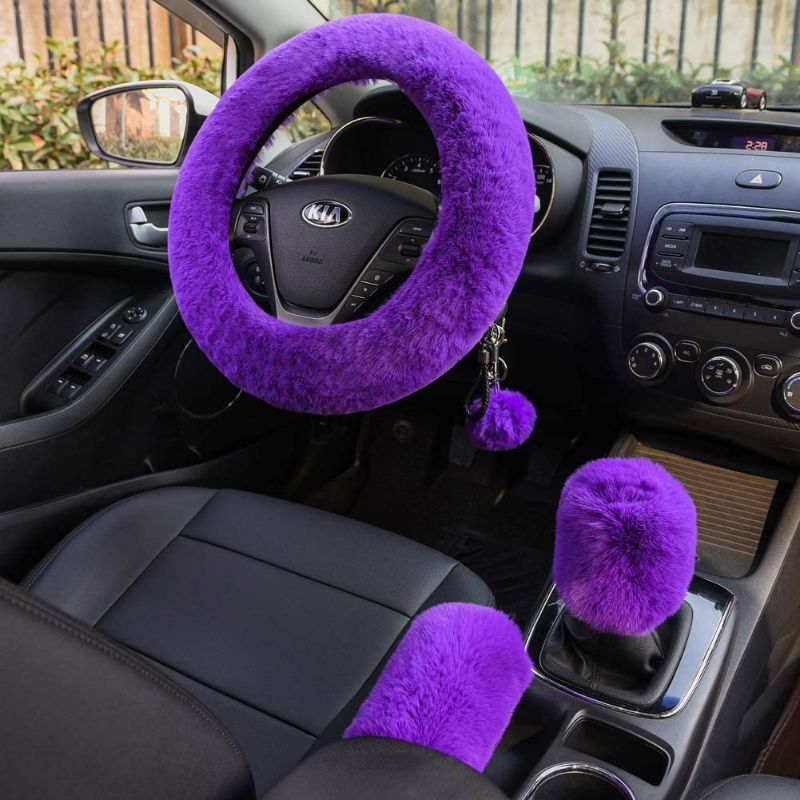 Photo 1 of Valleycomfy 4PCS Set Fluffy Steering Wheel Cover with Handbrake Cover & Gear Shift Cover Fuzzy Steering Wheel Cover for Women Plush Car Wheel Cover Universal Fit 15 Inch Purple
