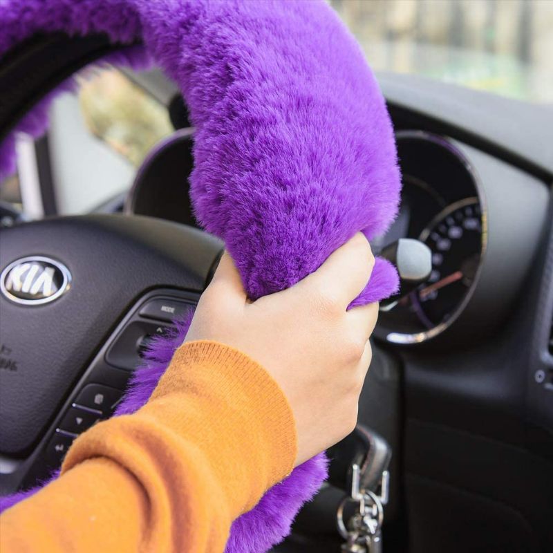 Photo 2 of Valleycomfy 4PCS Set Fluffy Steering Wheel Cover with Handbrake Cover & Gear Shift Cover Fuzzy Steering Wheel Cover for Women Plush Car Wheel Cover Universal Fit 15 Inch Purple