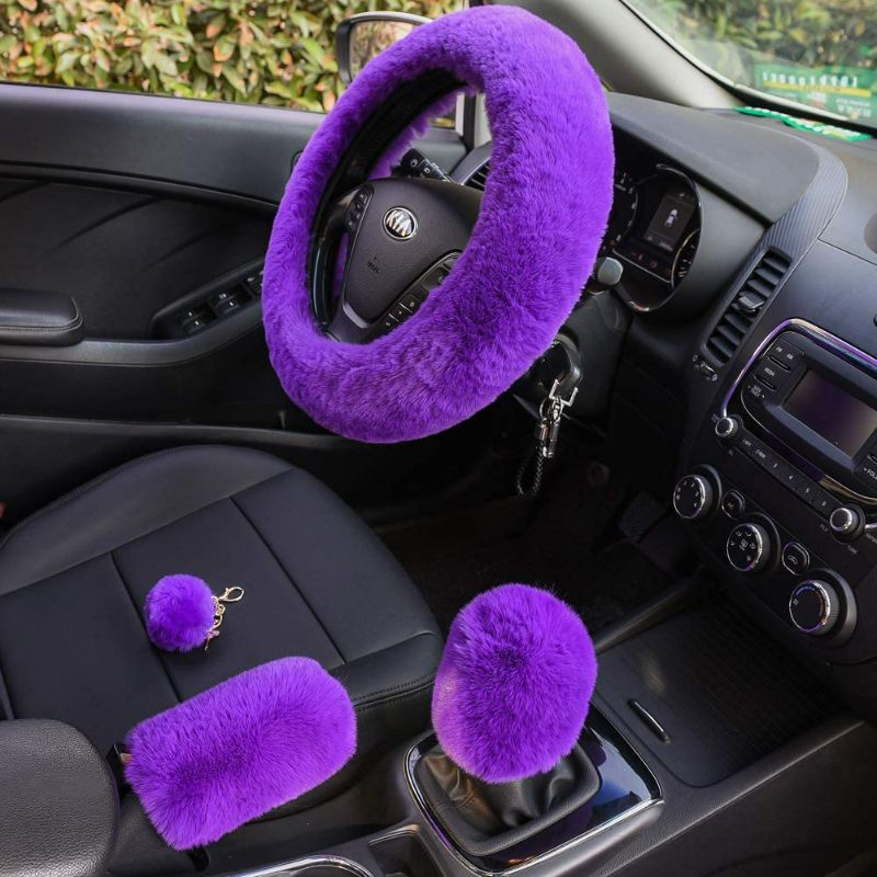 Photo 3 of Valleycomfy 4PCS Set Fluffy Steering Wheel Cover with Handbrake Cover & Gear Shift Cover Fuzzy Steering Wheel Cover for Women Plush Car Wheel Cover Universal Fit 15 Inch Purple