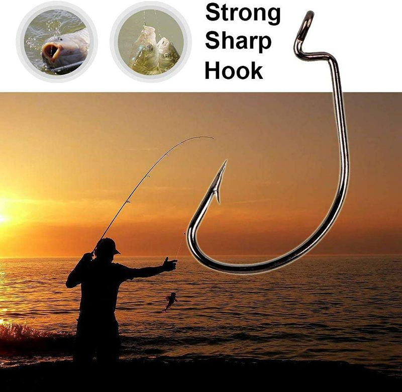 Photo 2 of 50pcs Fishing Hooks for Bass Fishing Offset Worm Hooks High Carbon Steel Circle Fishing Hooks for Soft Plastic Baits Jig Fish Hooks: #1 5/0