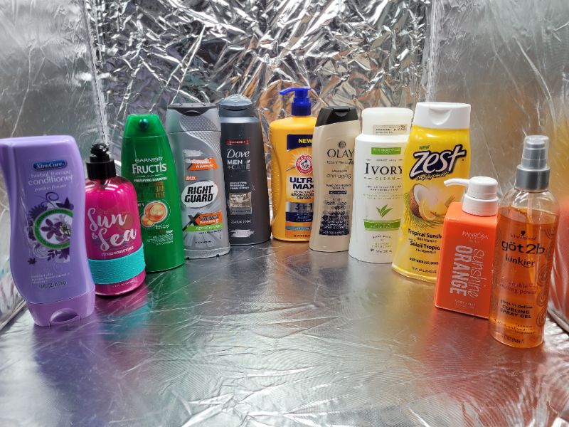 Photo 1 of (11 Count) Assorted Shower Essentials Lot: Shampoo, Conditioner, 2IN1, Body Wash, Body Lotion, Curling Spray Gel