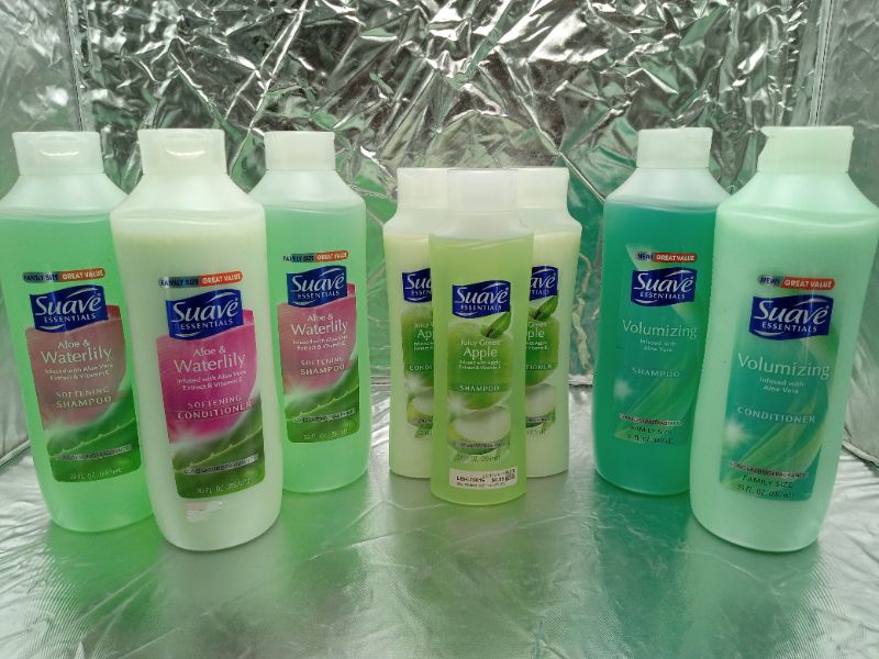 Photo 1 of (8 Count) SUAVE Essentials Assorted Shampoo and Conditioner Bundle:  Volumizing Aloe Vera | Aloe & Waterlily | Juicy Green Apple 
