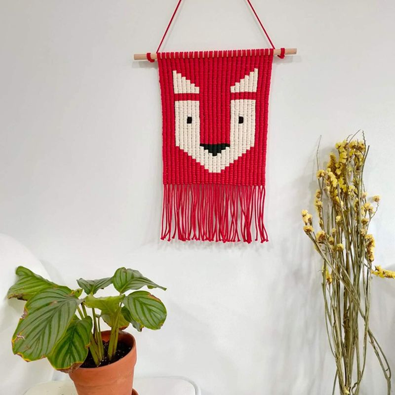 Photo 1 of Handwoven Tufted Wall Tapestry Small Red Cartoon Fox Pattern Bohemian Style Handmade Cotton Banner Woven Wall Tapestries Art Wall Decorations red,18x28in