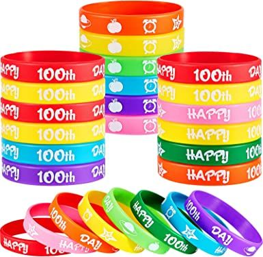 Photo 1 of 48 Pieces 100th Day of School Silicone Bracelets Back to School Silicone Bracelets Happy 100th Day Wristbands Rubber Bracelets Assorted Color Bracelets for School Party Favors