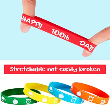 Photo 2 of 48 Pieces 100th Day of School Silicone Bracelets Back to School Silicone Bracelets Happy 100th Day Wristbands Rubber Bracelets Assorted Color Bracelets for School Party Favors