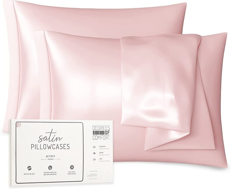 Photo 1 of Pink Satin Pillowcase Standard Set of 2 | Blush Pillow Cases for Hair and Skin | 20 x 26 Inch–Slip Silky Comfort with Envelope Closure