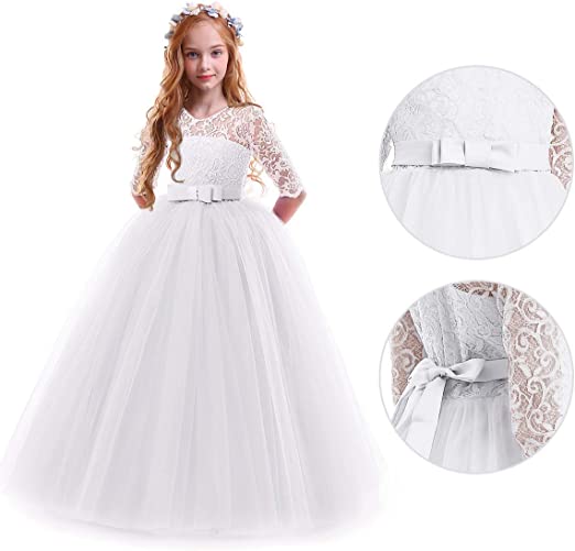 Photo 3 of Girls Flower Vintage Floral Lace 3/4 Sleeves Floor Length Dress Wedding Party Evening Formal Pegeant Dance Gown