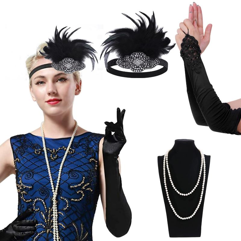 Photo 2 of 1920s Accessories for Women 20s Gatsby Costume Flapper Headband Necklace Gloves Cigarette Holder