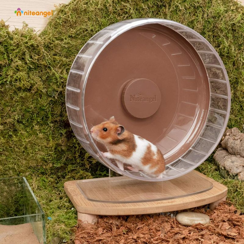 Photo 1 of Niteangel Super-Silent Hamster Exercise Wheels: - Quiet Spinner Hamster Running Wheels with Adjustable Stand for Hamsters Gerbils Mice Or Other Small Animals (M, Brown)
