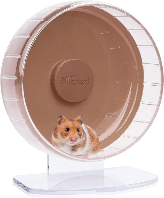 Photo 1 of Niteangel Super-Silent Hamster Exercise Wheels: - Quiet Spinner Hamster Running Wheels with Adjustable Stand for Hamsters Gerbils Mice Or Other Small Animals (M, Brown)
