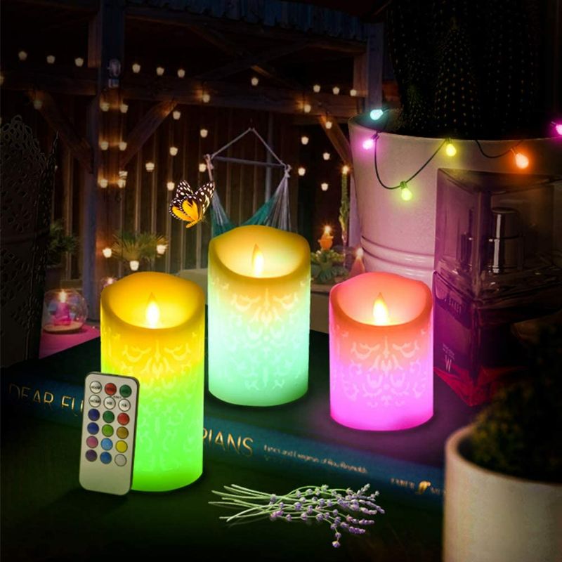 Photo 2 of ACROSS Flickering Flameless Candles, Set of 3 Real Wax Color Changing LED Pillar Candles Battery Operated Realistic Dancing Flame Fake Candles with 18-Key Remote Control for Halloween Christmas Party