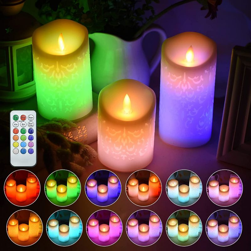 Photo 1 of ACROSS Flickering Flameless Candles, Set of 3 Real Wax Color Changing LED Pillar Candles Battery Operated Realistic Dancing Flame Fake Candles with 18-Key Remote Control for Halloween Christmas Party