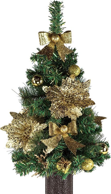 Photo 2 of Sympathy Silks Artificial Tree- Realistic Pines-24in Gold Bow Tree-No Watering-Christmas Tree with Stay-in-The-Vase© Flower Holder and 3 Prong feet