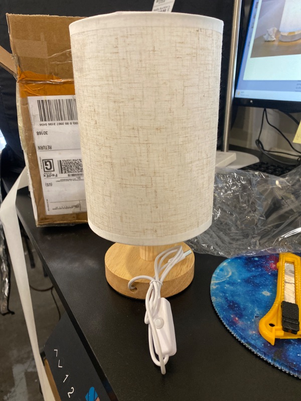 Photo 2 of Small Bedside Table Lamp for Bedroom, Minimalist Nightstand Lamp with Round Fabric Linen Shade, Study Reading Desk Lamp for Kids Room, Night Table Lamp for Living Room, College Dorm, Home, Office