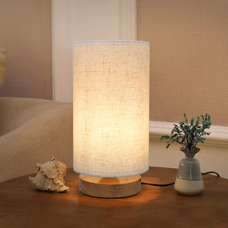 Photo 1 of Small Bedside Table Lamp for Bedroom, Minimalist Nightstand Lamp with Round Fabric Linen Shade, Study Reading Desk Lamp for Kids Room, Night Table Lamp for Living Room, College Dorm, Home, Office