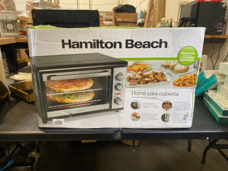 Photo 1 of Hamilton Beach Air Fryer Countertop Toaster Oven with Sure-Crisp Technology, XL Capacity for 2 12” Pizzas, Two 9” x 13” Pans and 4 Rack Positions, Digital Controls, Grey (31390)