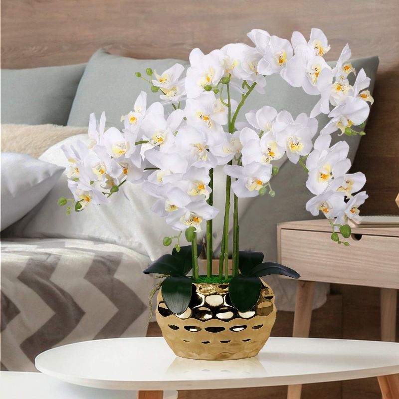 Photo 2 of Artificial Orchid in Gold Vase White Orchid Silk Orchids Faux Orchid Plant in Gold Pot Fake Flower Arrangement White Flowers Artificial for Decoration Home Decor Kitchen Decoration Table Centerpieces