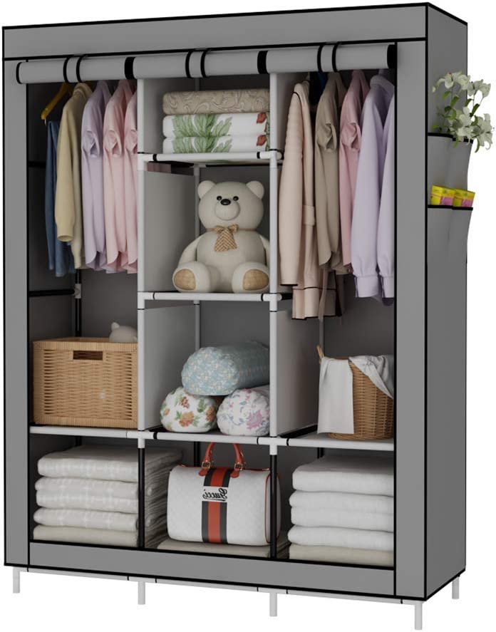 Photo 1 of UDEAR Portable Wardrobe Closet Clothes Organizer Non-Woven Fabric Cover with 6 Storage Shelves, 2 Hanging Sections and 4 Side Pockets , grey