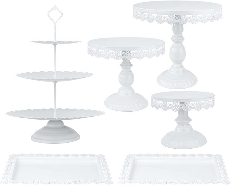 Photo 1 of Cake Stands Set of 6 White Metal Cupcake Holder Dessert Display Plate for Baby Shower Birthday Wedding Party Candy Table Decoration