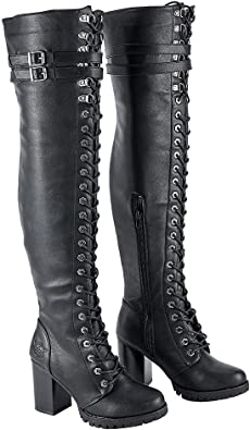 Photo 1 of Dream Apparel Women's Faux Leather Over The Knee Thigh High Boots, Black Lace Up Knee High Boots With Chunky Heel, Sexy Biker Boots with Buckle size9
