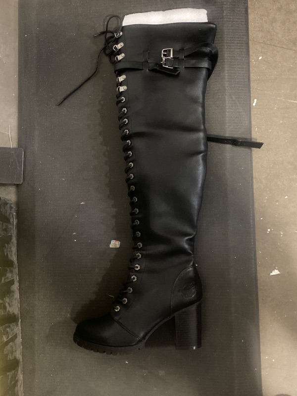 Photo 2 of Dream Apparel Women's Faux Leather Over The Knee Thigh High Boots, Black Lace Up Knee High Boots With Chunky Heel, Sexy Biker Boots with Buckle size9