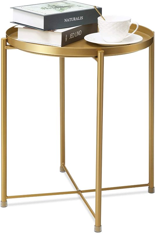 Photo 1 of Gold Side Table, Gold End Table for Small Spaces Outdoor Accent Table Round Metal Patio Coffee Table Waterproof Removable Tray Table for Living Room Bedroom Balcony Office (Gold)