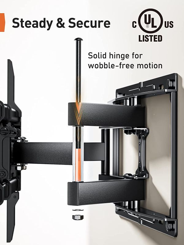 Photo 2 of Perlegear UL Listed Full Motion TV Wall Mount for Most 37–82 inch Flat Curved TVs up to 110 lbs, 12?/16? Wood Studs, TV Mount Bracket with Articulating Arms, Swivel, Tool-Free Tilt, Max VESA 600x400mm