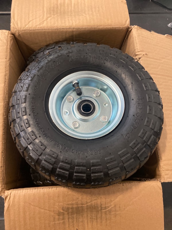 Photo 1 of go2buy 4 Pcs 10-Inch Solid Rubber Tyre Wheels for Garden Utility Wagon Cart Trolley Tires Snowblower Lawn Mower Wheelbarrow Generator Hand Cart 5/8-inch Bearings Black