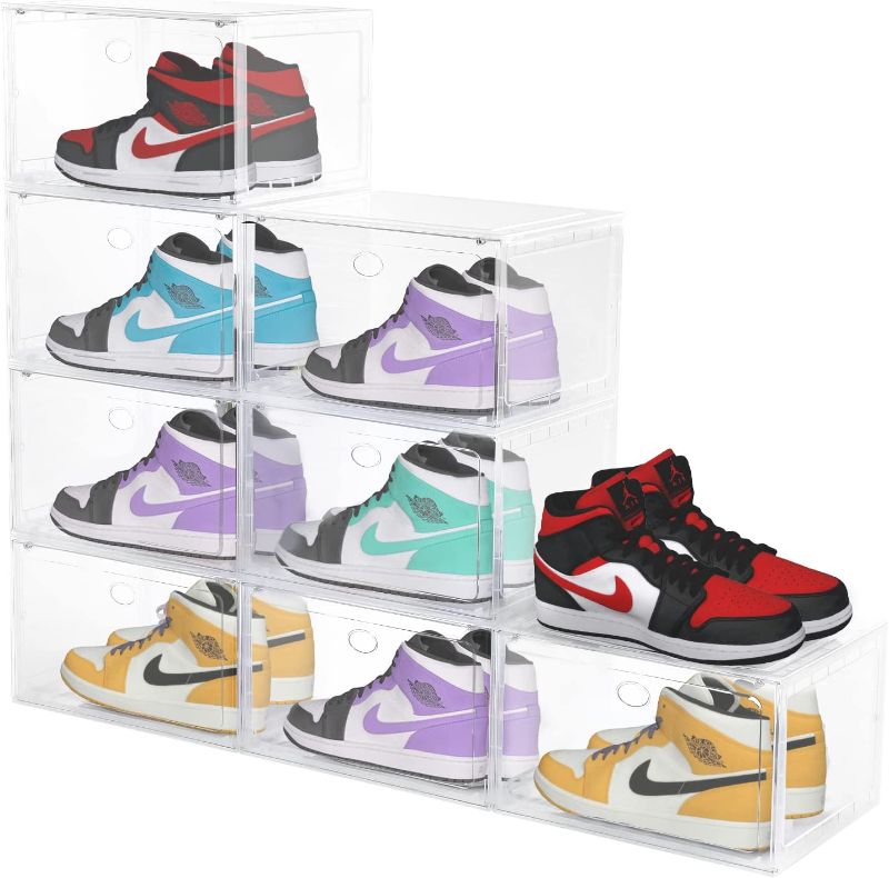 Photo 1 of 9 PACK Shoe Boxes, Clear Acrylic Plastic Shoe Boxes Stackable, Space-Saving Foldable Drop Front Shoe Storage Boxes Container 