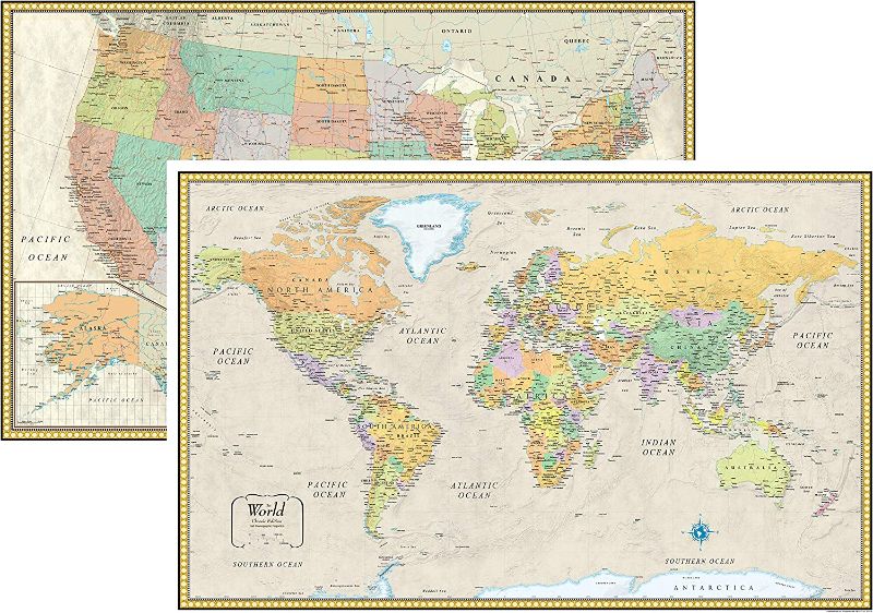 Photo 1 of RMC 32" x 50" Classic United States USA and World Wall Map Set (Classic Edition)