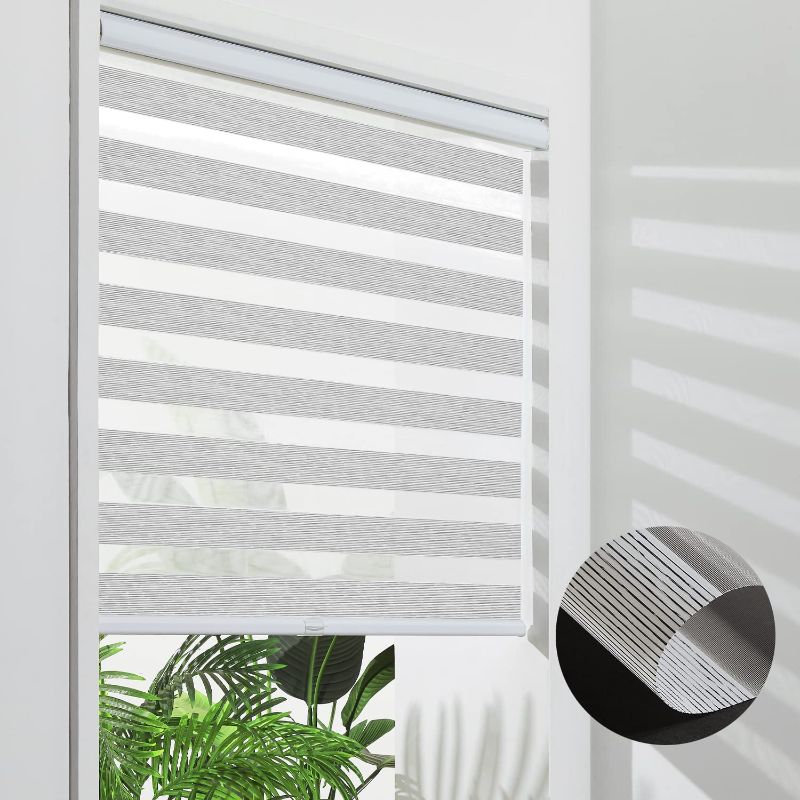 Photo 2 of Cordless Zebra Blinds for Windows Light Filtering Dual Layer Sheer Shades with Valance Light Control for Day Night Privacy, Custom Size White Lined