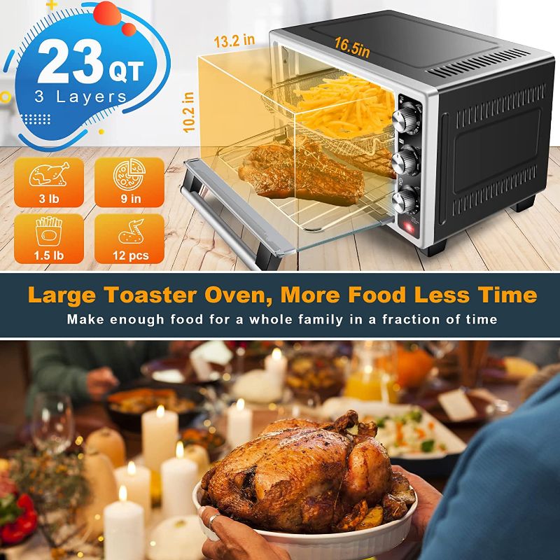 Photo 2 of Air Fryer Oven, Homuz 7 In 1 Air Fryer Oilless Countertop Toaster Oven, 1500W 23QT Large Capacity Airfryer Toaster Oven with Timer and 4 Accessories, Fits for 9" Pizza, Stainless Steel, ETL Certified