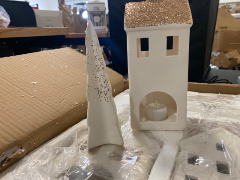 Photo 1 of 5 MINI HOUSES LIGHTS INSIDE THE HOUSE DECORATIONS, WHITE AND GOLD GLITTER ON TOP AND 4 MINI CHRISTMAS TREES