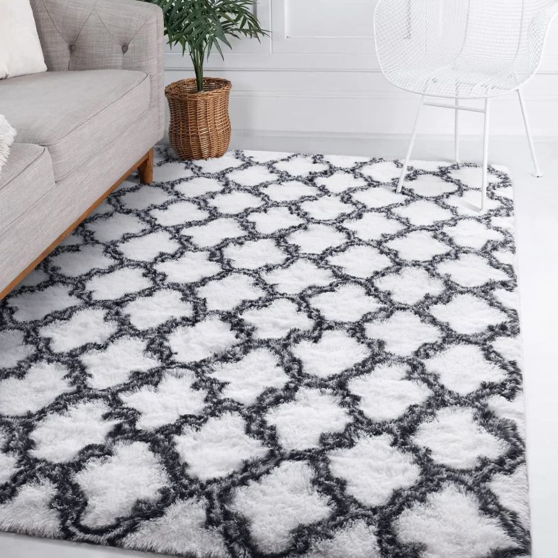 Photo 1 of Fluffy Large Area Rugs, Soft Moroccan Shaggy Carpets, Indoor Modern Plush Area Rugs for Living Room, Bedroom, Kids' Room, Nursery Room, White and Black 5x8 Feet