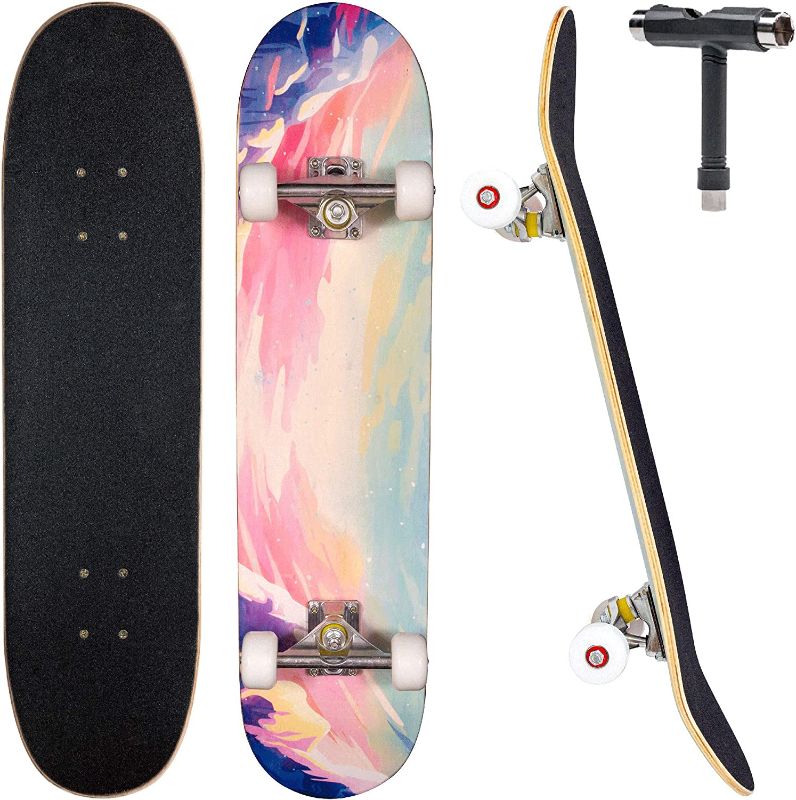 Photo 1 of Complete Skateboards for Beginners Adults Teens Kids Girls Boys 31"x8" Skate Boards 7 Layers Canadian Maple Double Kick Deck Concave Longboards…