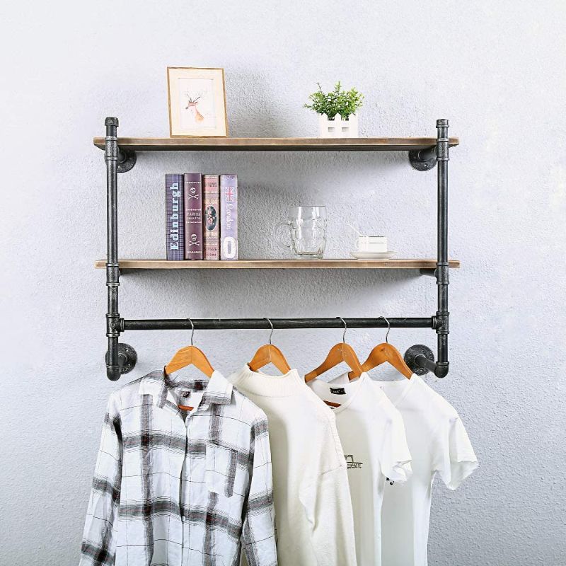 Photo 1 of Industrial Pipe Clothing Rack Wall Mounted with Real Wood Shelf,Pipe Shelving Floating Shelves Wall Shelf,Rustic Retail Garment Rack Display Rack Cloths Rack,36in Steam punk Commercial Clothes Racks
