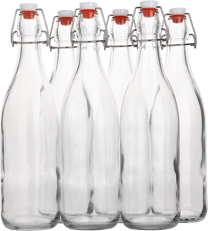 Photo 1 of Flip Top Glass Bottle [1 Liter / 33 fl. oz.] [Pack of 6] – Swing Top Brewing Bottle with Stopper for Beverages, Oil, Vinegar, Kombucha, Beer, Water, Soda, Kefir – Airtight Lid & Leak Proof Cap – Clear