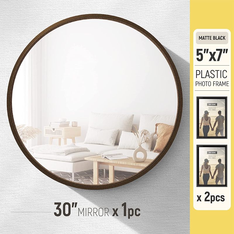 Photo 2 of EMI HOME Round Wood Mirror, 30 Inch Diameter Circle Mirror Wood Frame with Two Picture Frames 5x7, Wood Frame Vanity Mirror, Round Wooden Mirror Decor Foyer Living Room, Walnut Woodgrain Finish