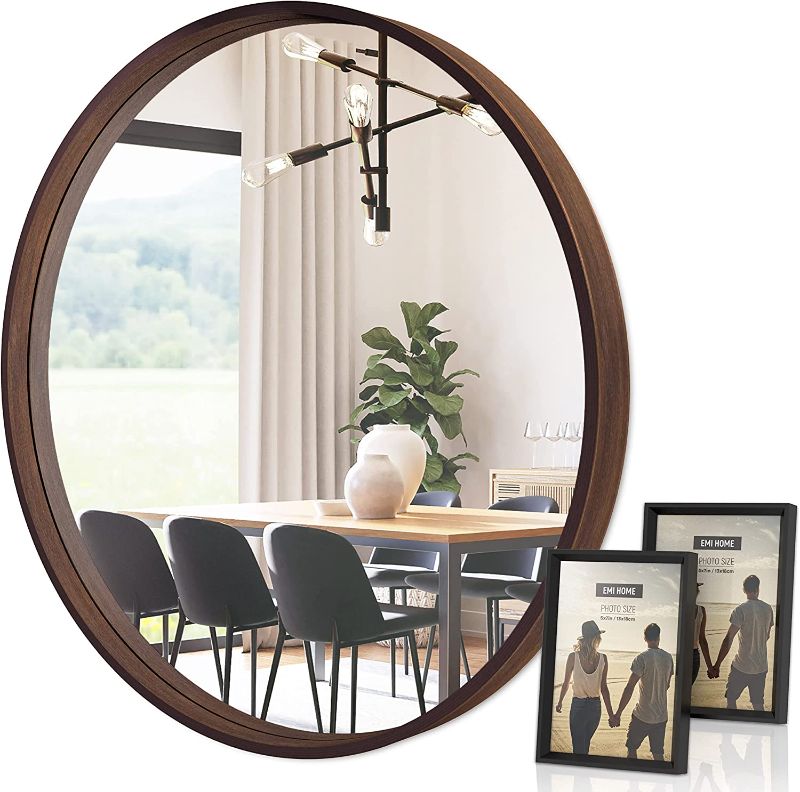 Photo 1 of EMI HOME Round Wood Mirror, 30 Inch Diameter Circle Mirror Wood Frame with Two Picture Frames 5x7, Wood Frame Vanity Mirror, Round Wooden Mirror Decor Foyer Living Room, Walnut Woodgrain Finish