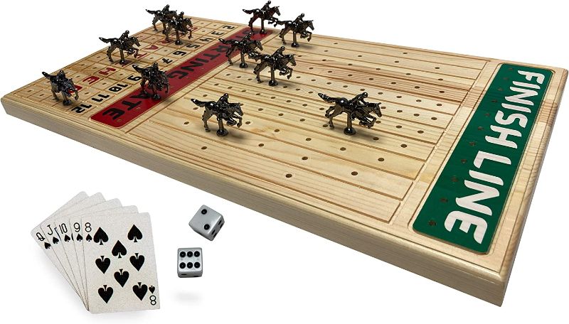 Photo 1 of FINENI Horse Racing Board Game with Luxurious Durable Metal Horses, 11 Pieces, Black Metal Horses, Real Pine Wood Horseracing Game Board, Dice and Cards