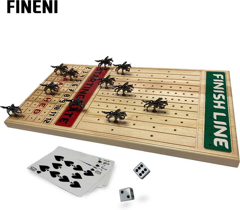 Photo 2 of FINENI Horse Racing Board Game with Luxurious Durable Metal Horses, 11 Pieces, Black Metal Horses, Real Pine Wood Horseracing Game Board, Dice and Cards