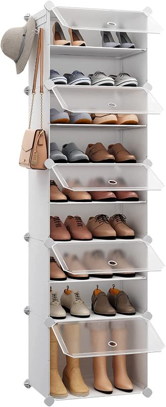 Photo 1 of MAGINELS Portable Shoe Rack, 20-Pair DIY Shoe Storage Shelf Organizer, Plastic Shoe Organizer for Entryway, Narrow Shoe Cabinet with Doors White