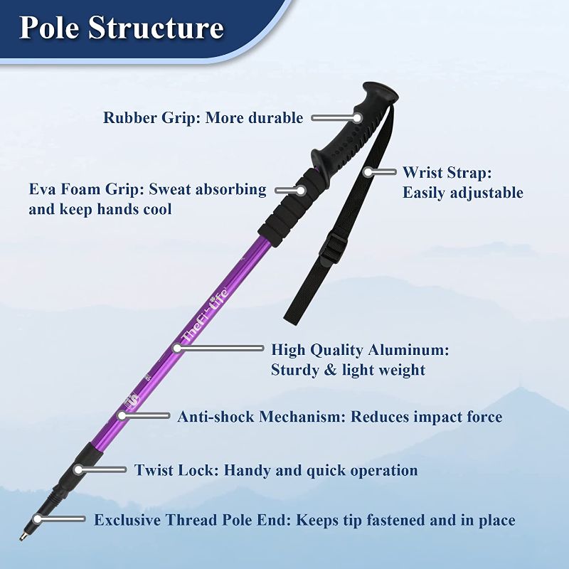 Photo 2 of TheFitLife Nordic Walking Trekking Poles - 2 Sticks with Anti-Shock and Quick Lock System, Telescopic, Collapsible, Ultralight for Hiking, Camping, Mountaining, Backpacking, Walking, Trekking