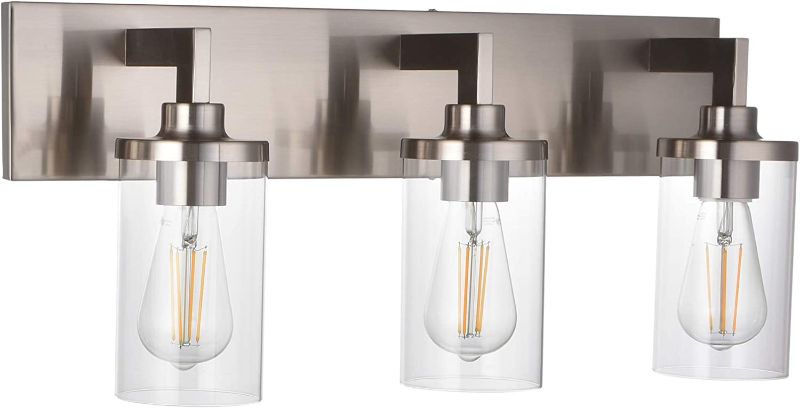 Photo 1 of VINLUZ 3-Light Bathroom Contemporary Vanity Lighting Fixture Over Mirror in Brushed Nickel Finish Modern Wall Mount Light Sconces with Clear Cylinder Glass