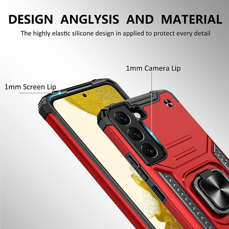 Photo 2 of Jshru for Samsung Galaxy S22 Case, S22 Case with [2Pack] Tempered Glass Screen Protector, [Military-Grade] Magnetic Metal Ring Holder Kickstand Shockproof Protective Phone Case for Galaxy S22, Red