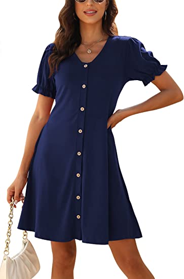 Photo 1 of NAVINS Women's Casual Loose Button Down Ruffle Cuff Puff Sleeve Shift Swing Tunic Dress with Pockets NA1012 (SMALL)