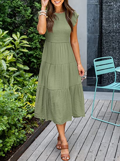 Photo 1 of KYL Women's Summer Casual Midi Maxi Dress Boho Flutter Sleeve Smocked A-Line Long Dress