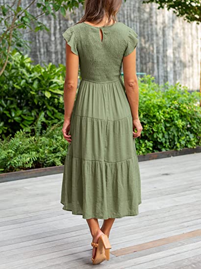 Photo 2 of KYL Women's Summer Casual Midi Maxi Dress Boho Flutter Sleeve Smocked A-Line Long Dress