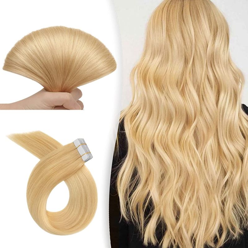 Photo 1 of RUWISS Tape in Hair Extensions Human Hair Beach Blonde Real Human Hair Tape in Extensions 20 Inch 20 Pcs/Package 55g Full Thick Invisible Tape Extensions Remy Human Hair