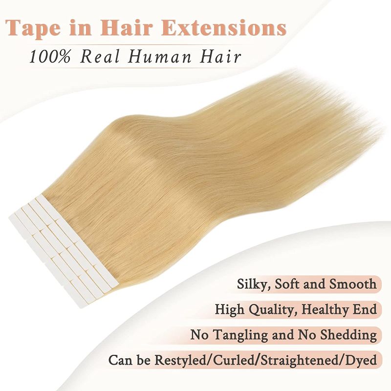 Photo 2 of RUWISS Tape in Hair Extensions Human Hair Beach Blonde Real Human Hair Tape in Extensions 20 Inch 20 Pcs/Package 55g Full Thick Invisible Tape Extensions Remy Human Hair